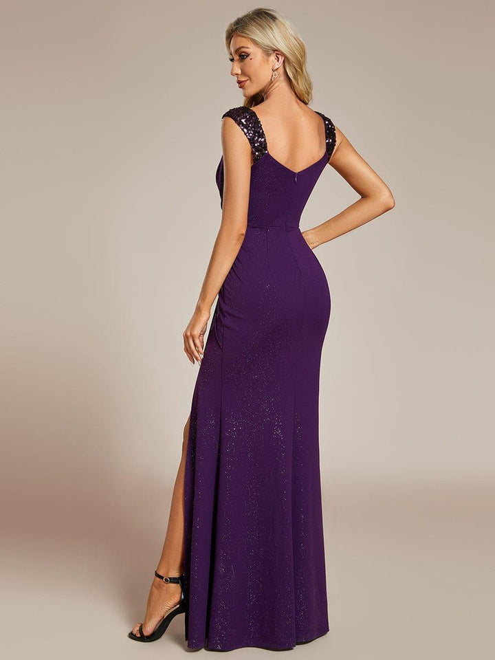 ever NOIRE|Glitter V-Neck High Slit Sequin Shoulder Strap Wedding Guest Dress