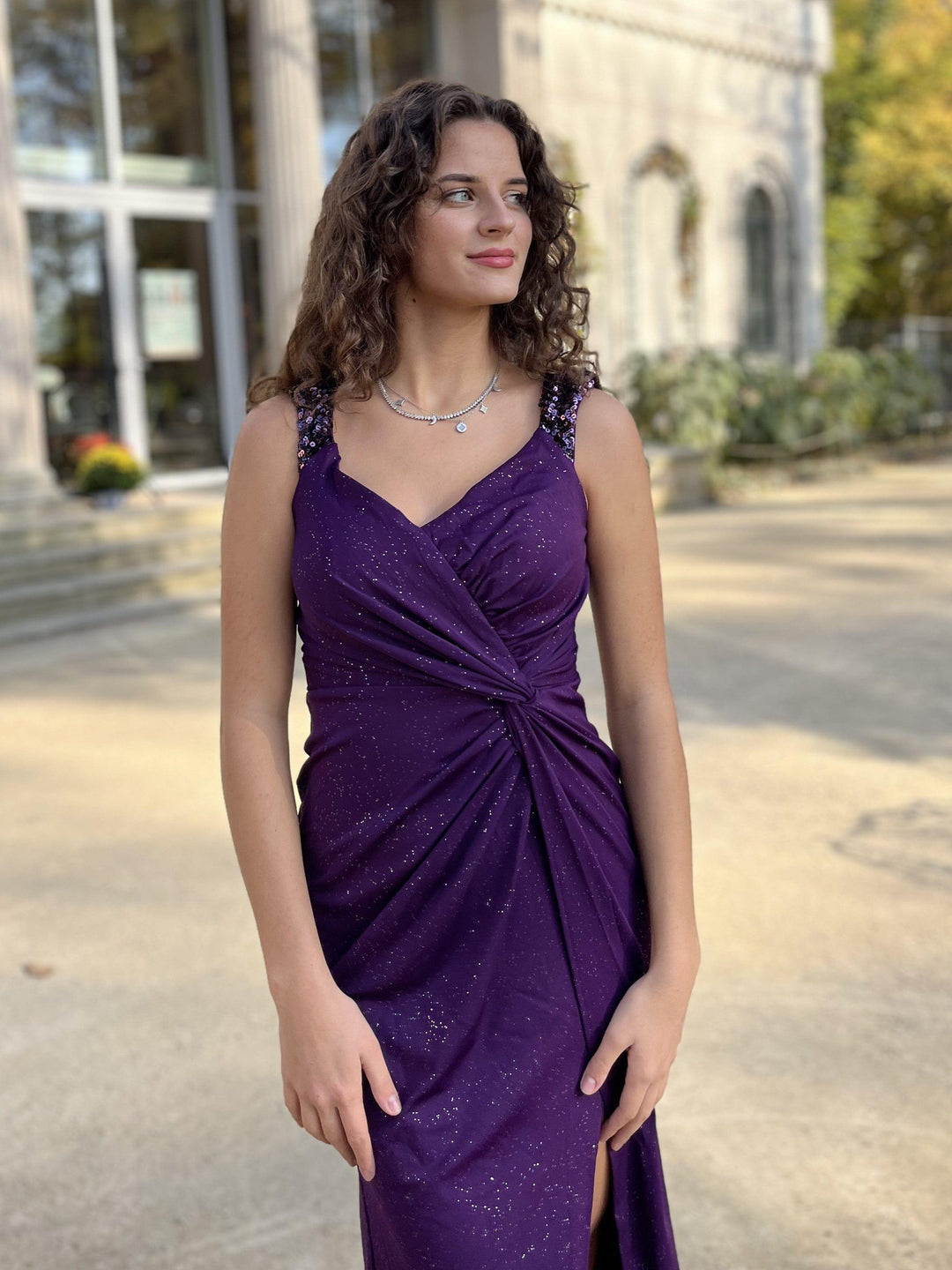 ever NOIRE|Glitter V-Neck High Slit Sequin Shoulder Strap Wedding Guest Dress