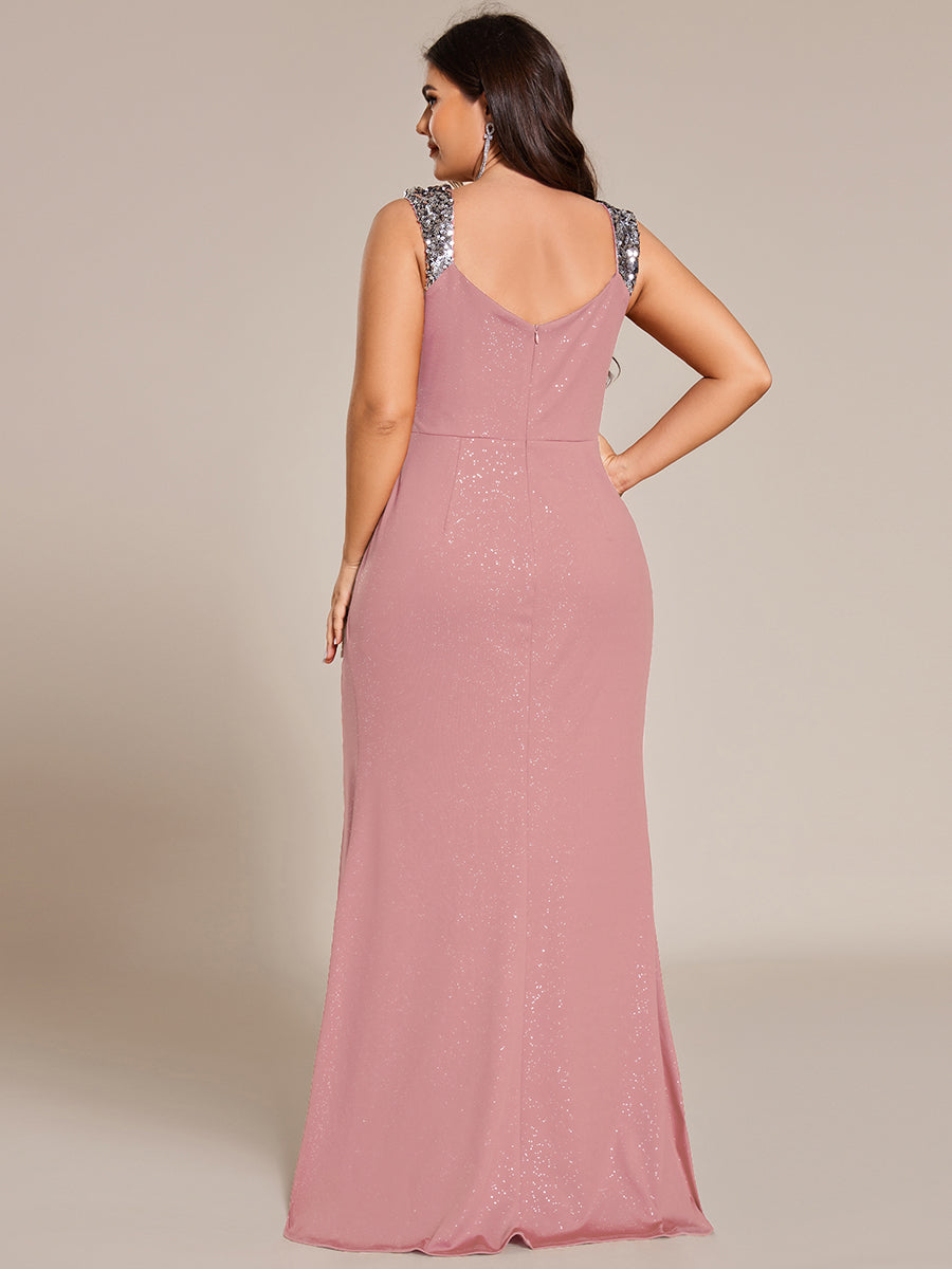 ever NOIRE|Glitter V-Neck High Slit Sequin Shoulder Strap Wedding Guest Dress