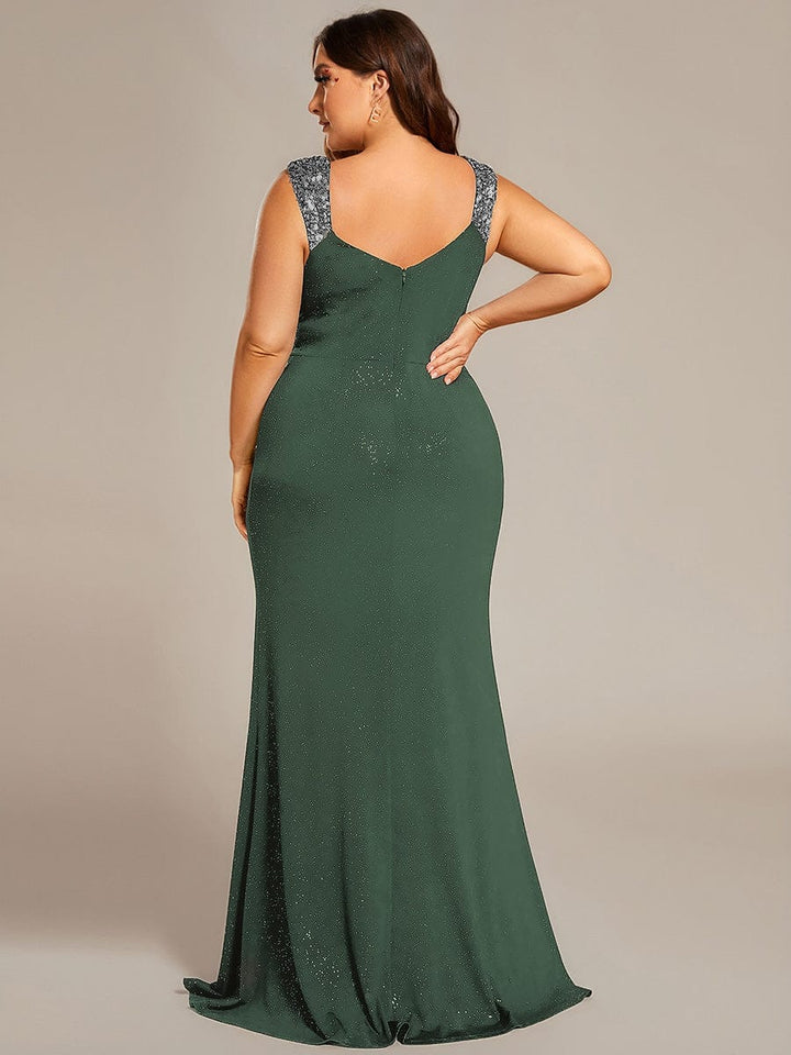 ever NOIRE|Glitter V-Neck High Slit Sequin Shoulder Strap Wedding Guest Dress