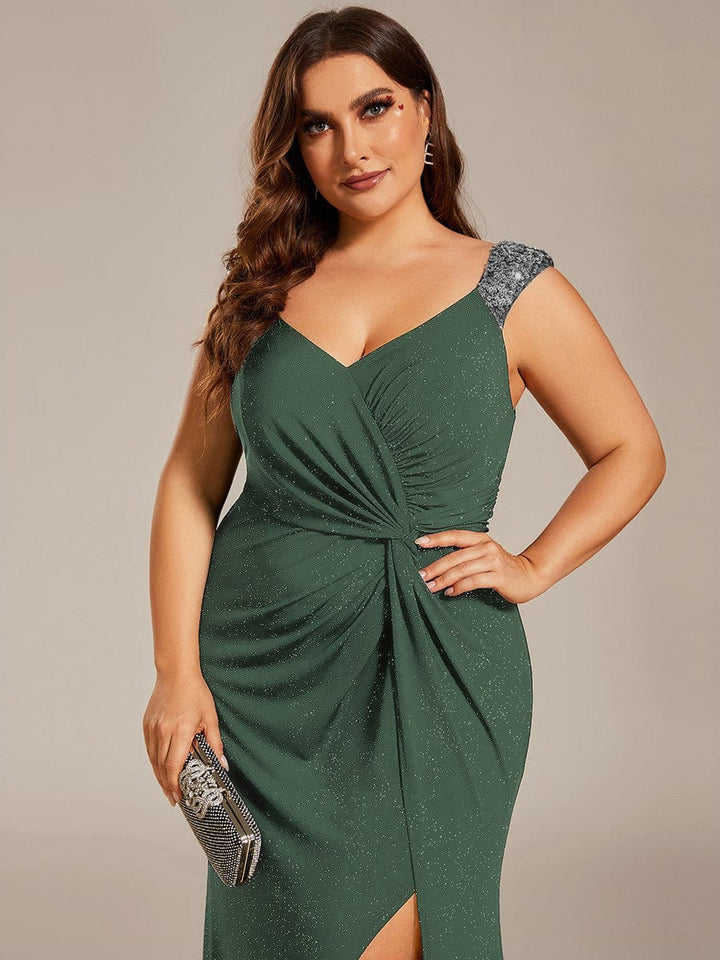 ever NOIRE|Glitter V-Neck High Slit Sequin Shoulder Strap Wedding Guest Dress