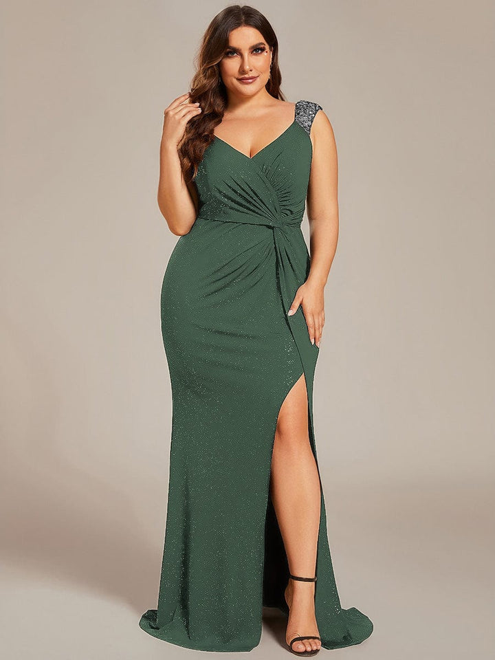 ever NOIRE|Glitter V-Neck High Slit Sequin Shoulder Strap Wedding Guest Dress