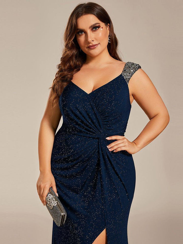 pretty NOIRE|Plus Size Sequin Shoulder Strap Wedding Guest Dress with Side Slit