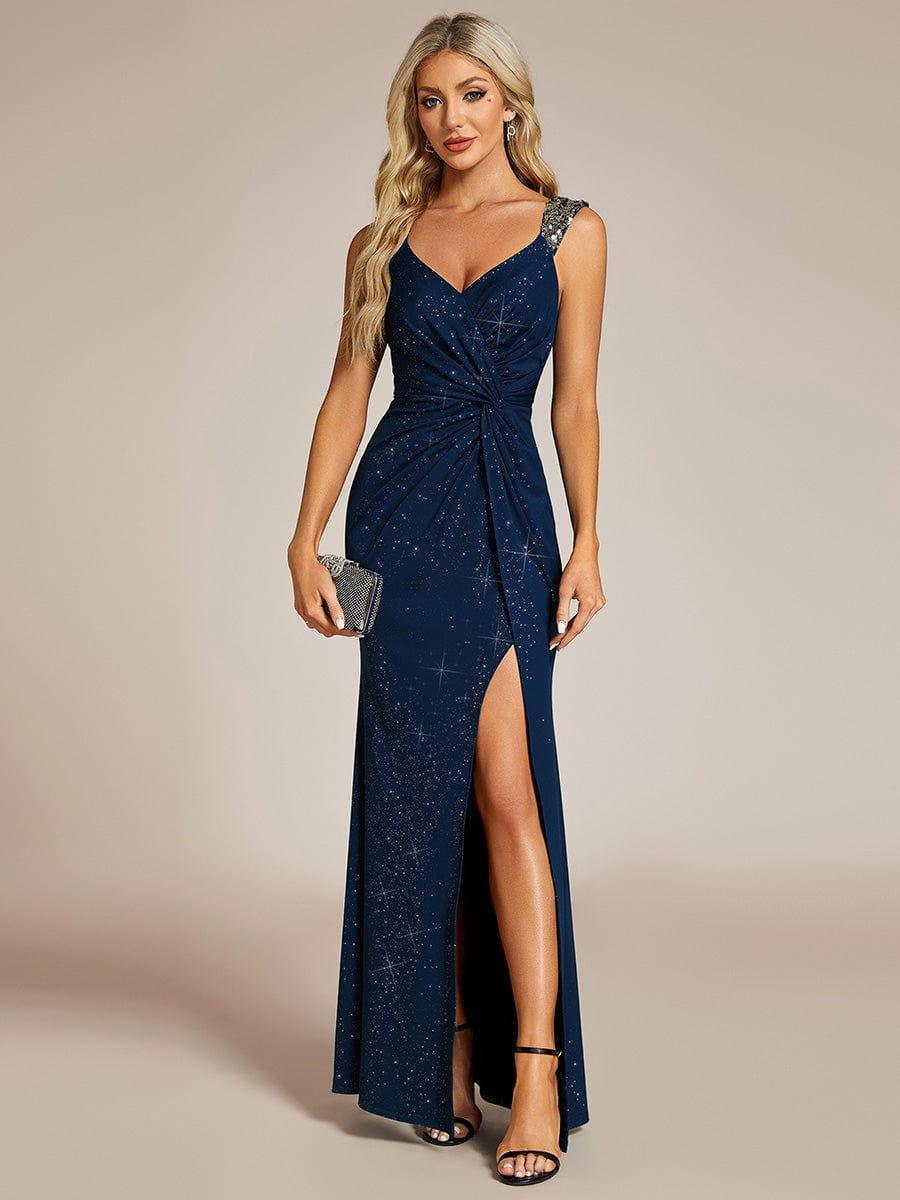 ever NOIRE|Glitter V-Neck High Slit Sequin Shoulder Strap Wedding Guest Dress
