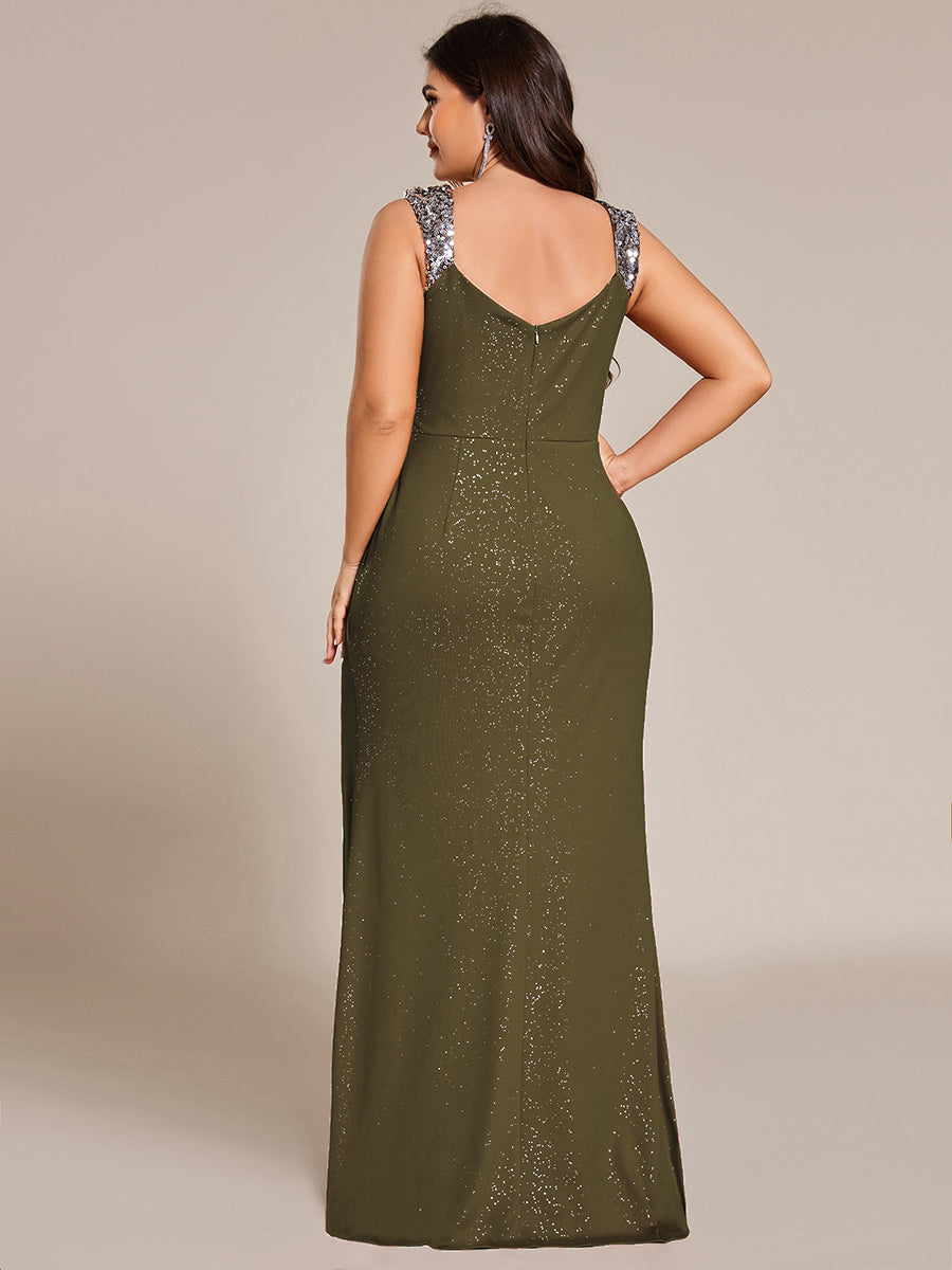 ever NOIRE|Glitter V-Neck High Slit Sequin Shoulder Strap Wedding Guest Dress