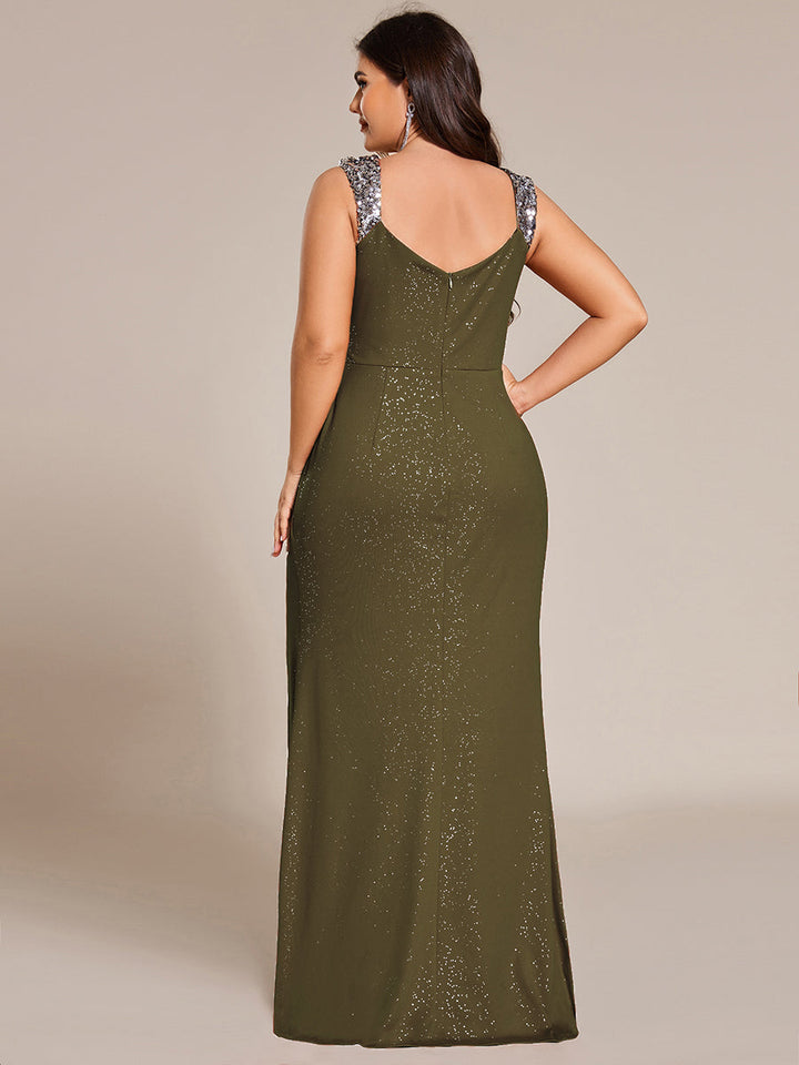 ever NOIRE|Glitter V-Neck High Slit Sequin Shoulder Strap Wedding Guest Dress