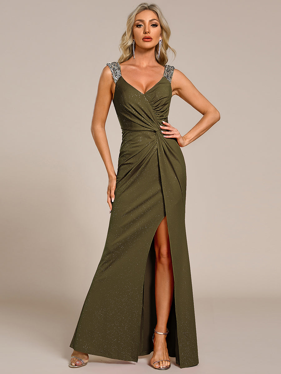 ever NOIRE|Glitter V-Neck High Slit Sequin Shoulder Strap Wedding Guest Dress