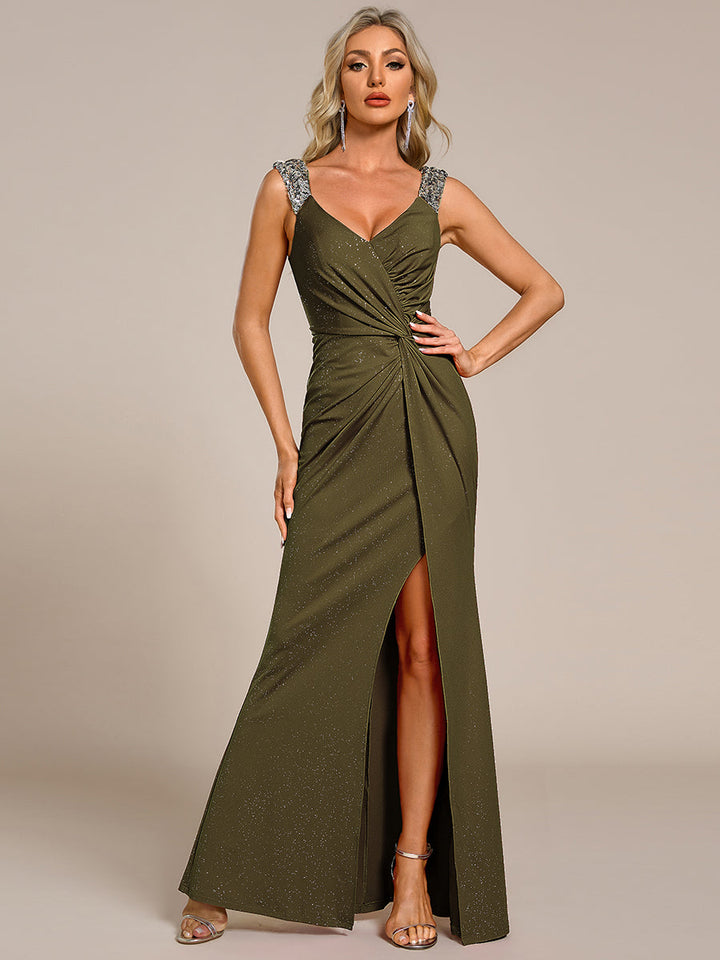 ever NOIRE|Glitter V-Neck High Slit Sequin Shoulder Strap Wedding Guest Dress