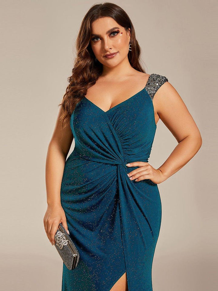 ever NOIRE|Glitter V-Neck High Slit Sequin Shoulder Strap Wedding Guest Dress