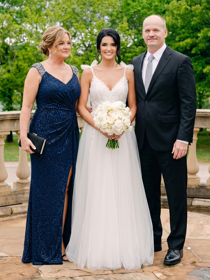 ever NOIRE|Glitter V-Neck High Slit Sequin Shoulder Strap Wedding Guest Dress