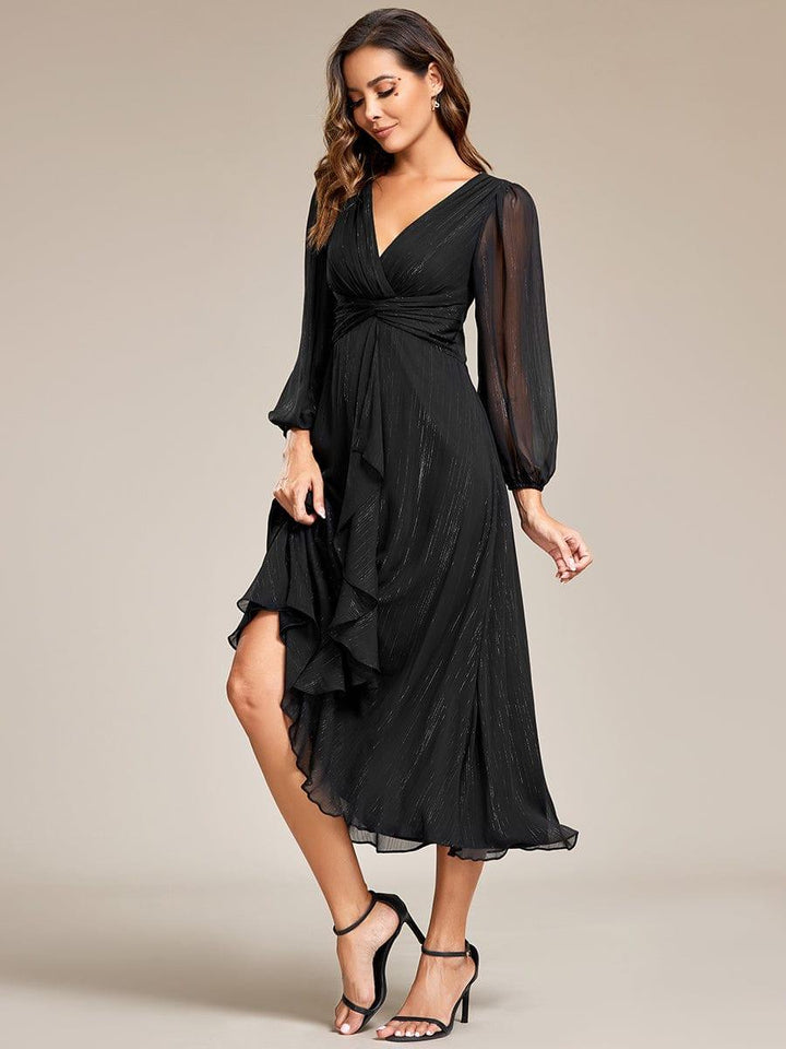 ever EMBER|Glitter Twist Knot See-Through Long Sleeve Wedding Guest Dress