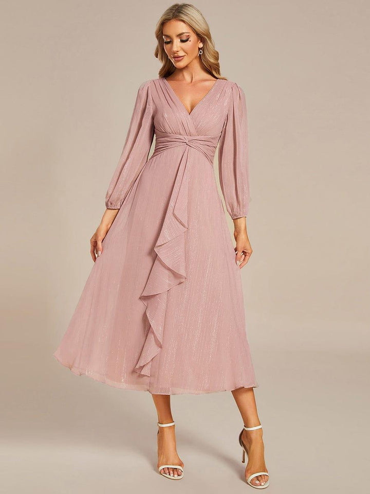 ever EMBER|Glitter Twist Knot See-Through Long Sleeve Wedding Guest Dress