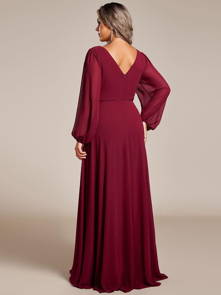 ever ESMÉE|Pleated Double V-Neck Long Sleeves Shiny Belt Chiffon Evening Dress