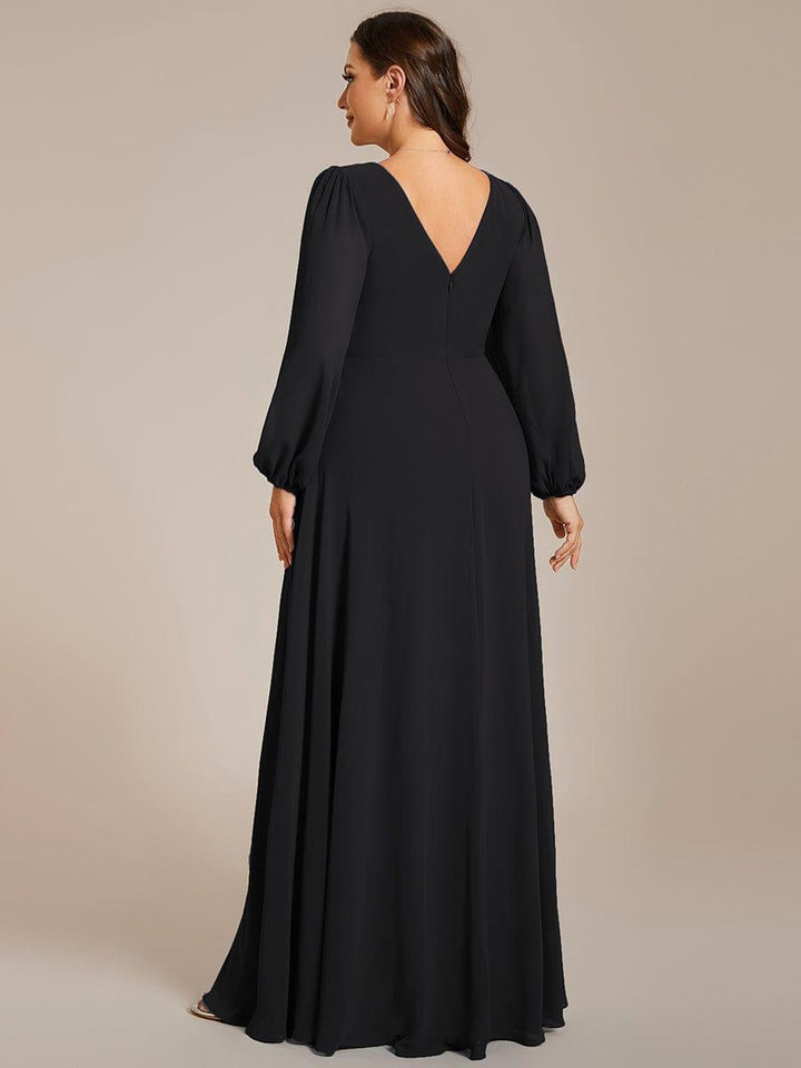 ever ESMÉE|Pleated Double V-Neck Long Sleeves Shiny Belt Chiffon Evening Dress