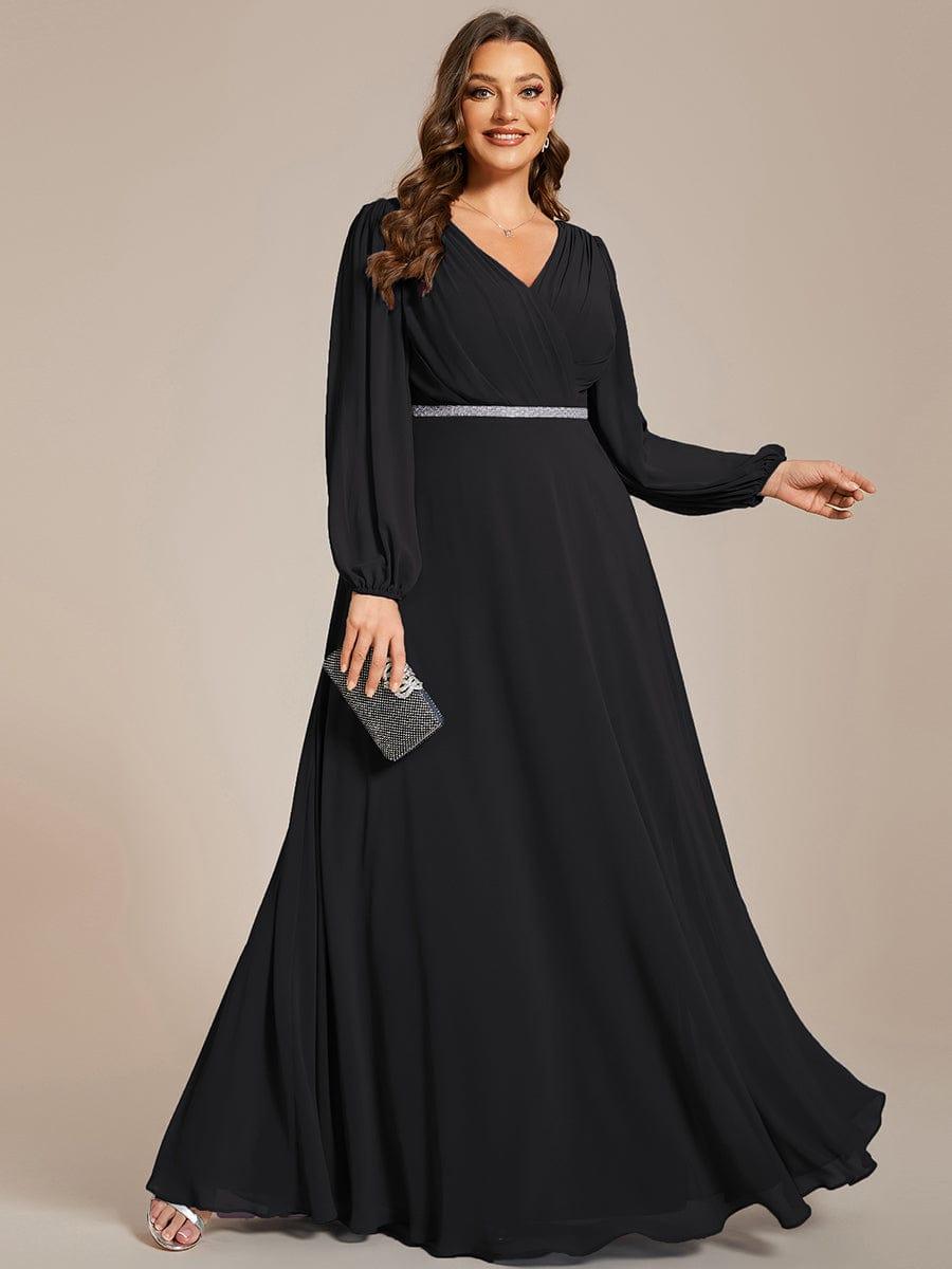 ever ESMÉE|Pleated Double V-Neck Long Sleeves Shiny Belt Chiffon Evening Dress