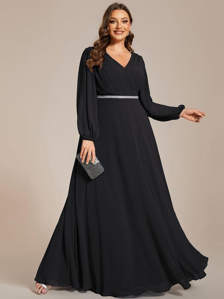 ever ESMÉE|Pleated Double V-Neck Long Sleeves Shiny Belt Chiffon Evening Dress