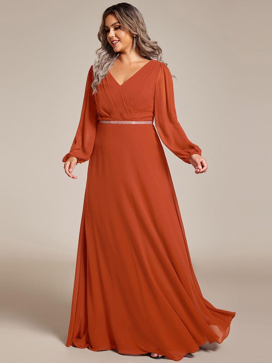 ever ESMÉE|Pleated Double V-Neck Long Sleeves Shiny Belt Chiffon Evening Dress