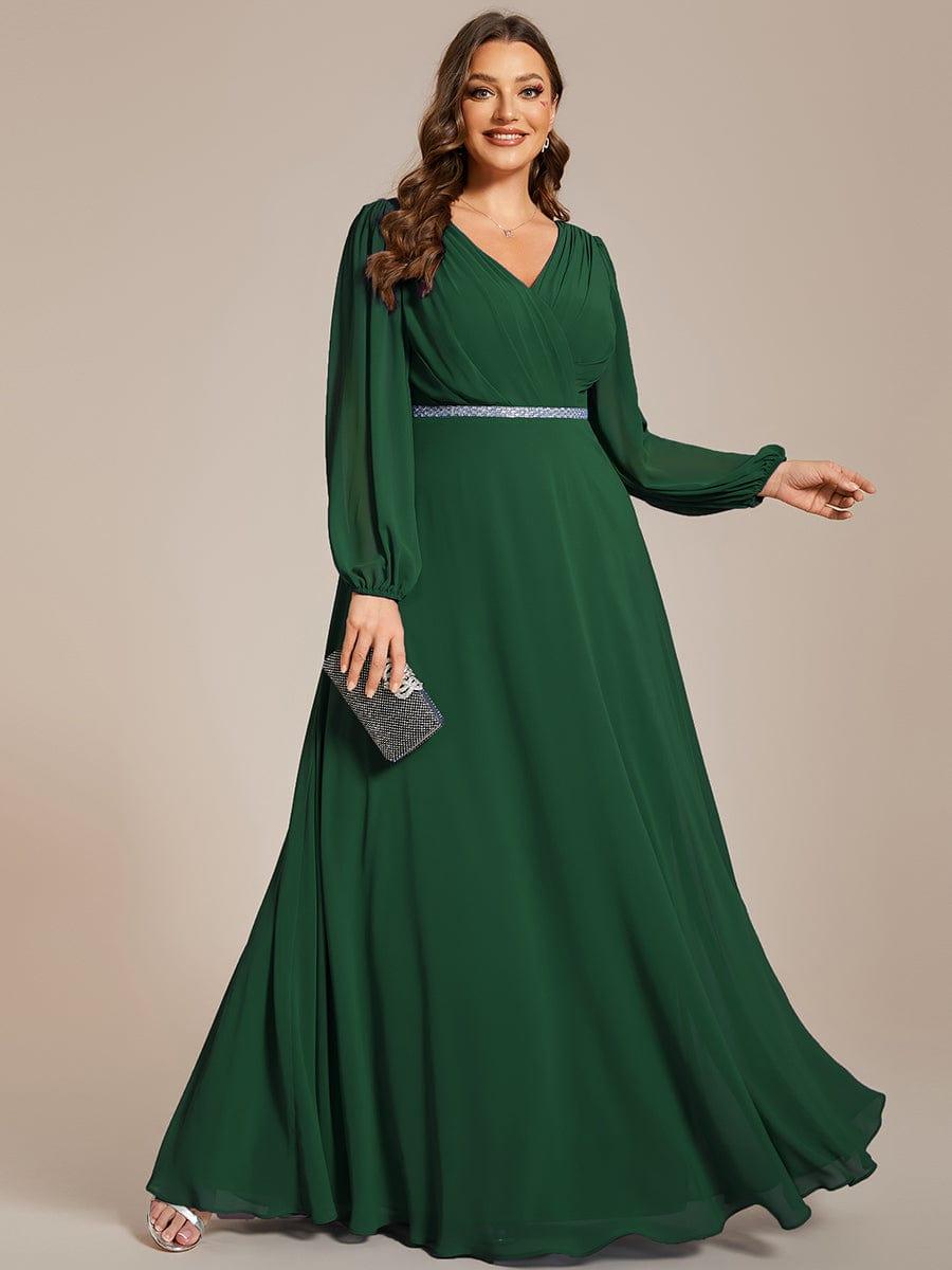 ever ESMÉE|Pleated Double V-Neck Long Sleeves Shiny Belt Chiffon Evening Dress