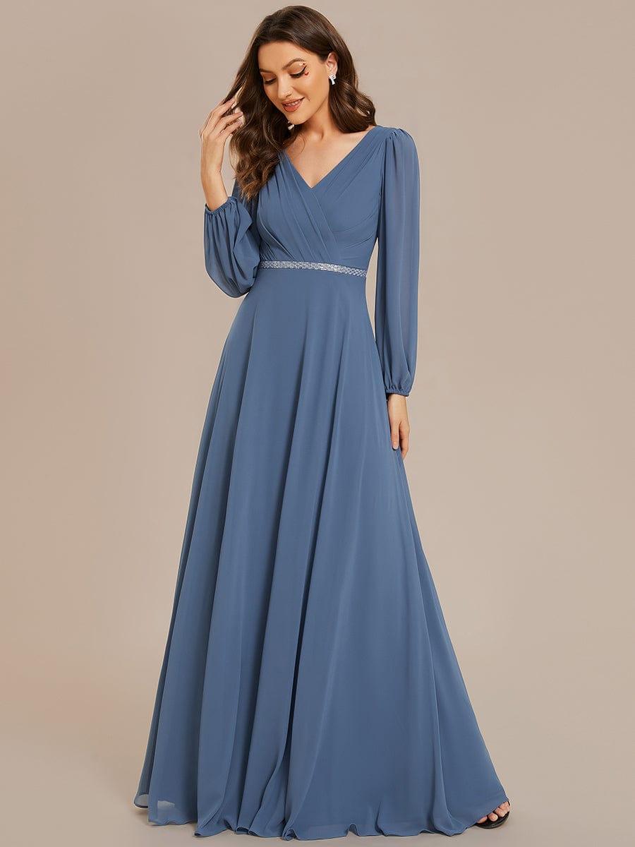 ever ESMÉE|Pleated Double V-Neck Long Sleeves Shiny Belt Chiffon Evening Dress