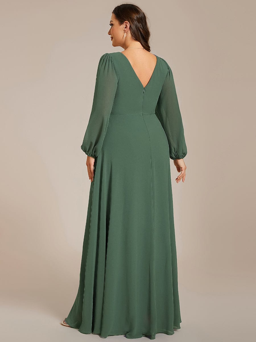 pretty ESMÉE|Plus Size A-Line V-Neck See-Through Long Sleeves Shiny Belt Chiffon Evening Dress