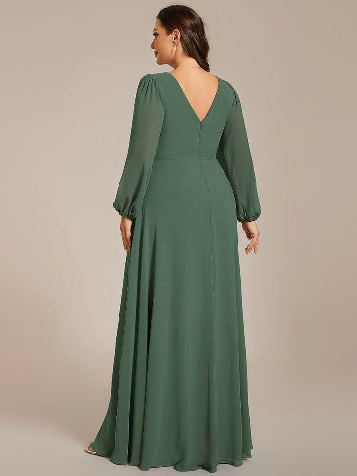 pretty ESMÉE|Plus Size A-Line V-Neck See-Through Long Sleeves Shiny Belt Chiffon Evening Dress