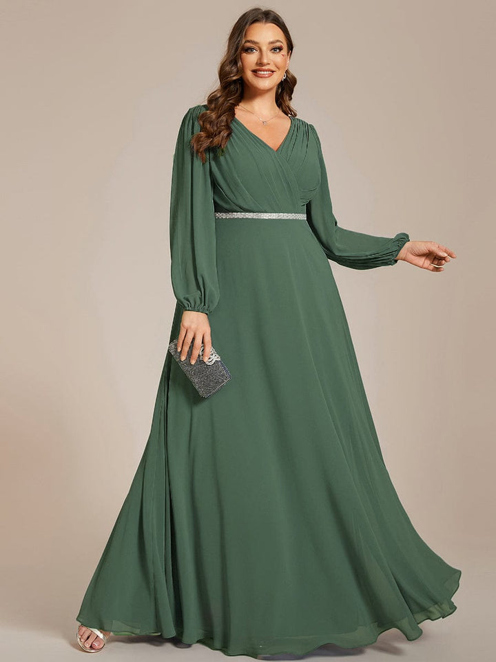 pretty ESMÉE|Plus Size A-Line V-Neck See-Through Long Sleeves Shiny Belt Chiffon Evening Dress