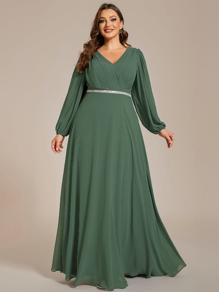 pretty ESMÉE|Plus Size A-Line V-Neck See-Through Long Sleeves Shiny Belt Chiffon Evening Dress