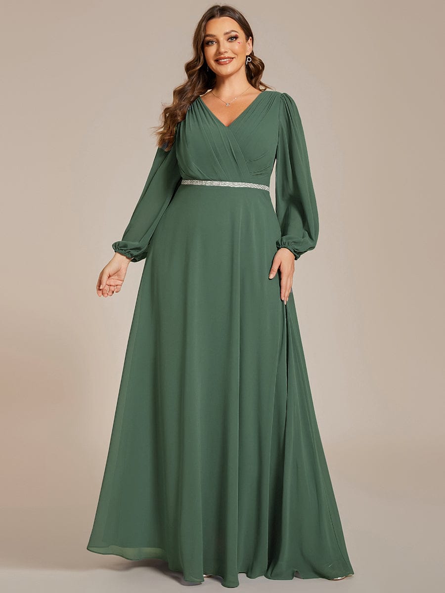 pretty ESMÉE|Plus Size A-Line V-Neck See-Through Long Sleeves Shiny Belt Chiffon Evening Dress