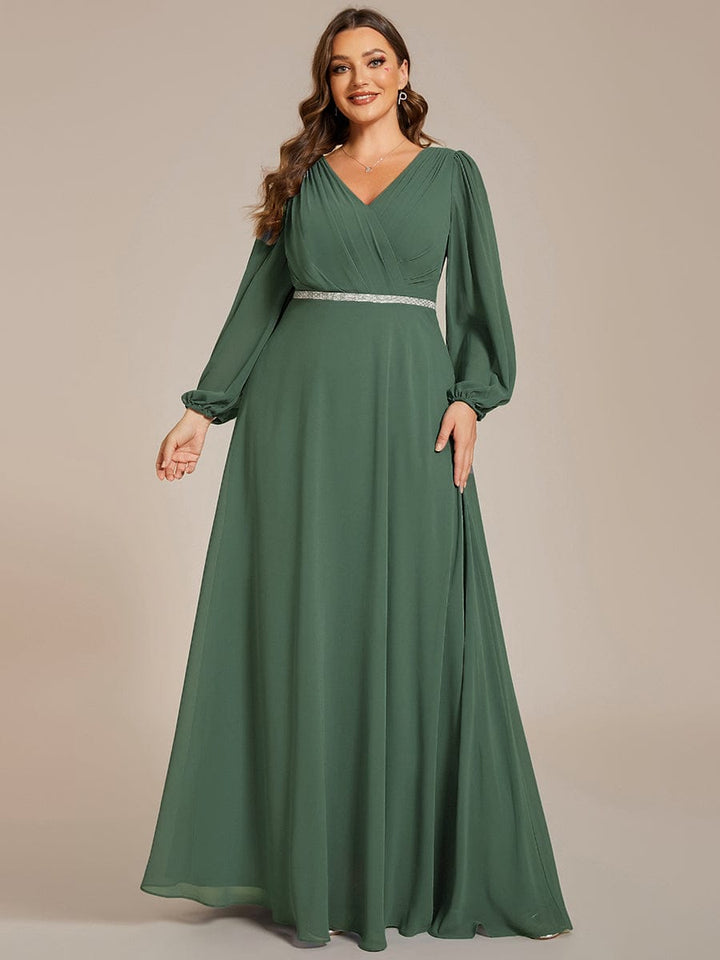 pretty ESMÉE|Plus Size A-Line V-Neck See-Through Long Sleeves Shiny Belt Chiffon Evening Dress