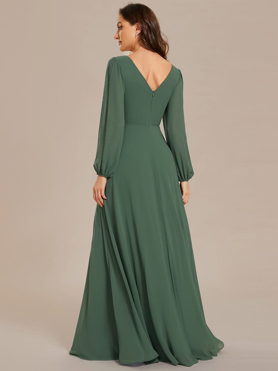 ever ESMÉE|Pleated Double V-Neck Long Sleeves Shiny Belt Chiffon Evening Dress