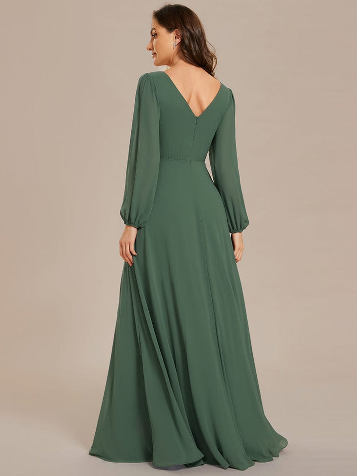 ever ESMÉE|Pleated Double V-Neck Long Sleeves Shiny Belt Chiffon Evening Dress