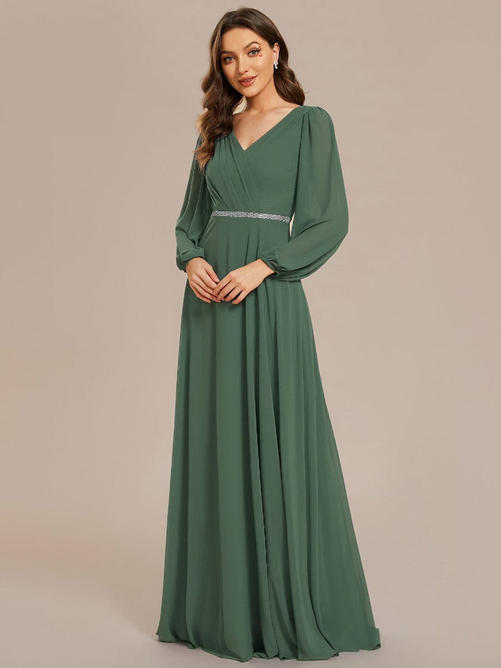 ever ESMÉE|Pleated Double V-Neck Long Sleeves Shiny Belt Chiffon Evening Dress