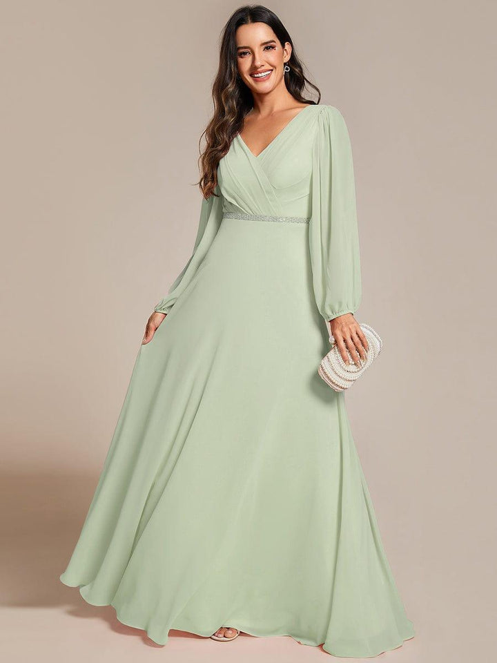 ever ESMÉE|Pleated Double V-Neck Long Sleeves Shiny Belt Chiffon Evening Dress