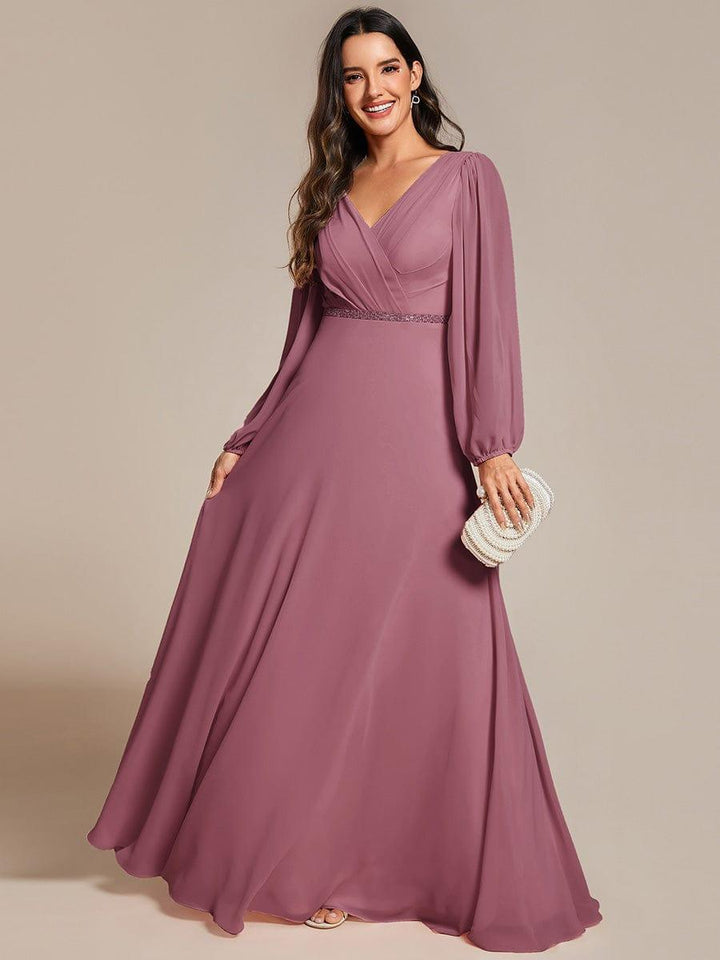 ever ESMÉE|Pleated Double V-Neck Long Sleeves Shiny Belt Chiffon Evening Dress