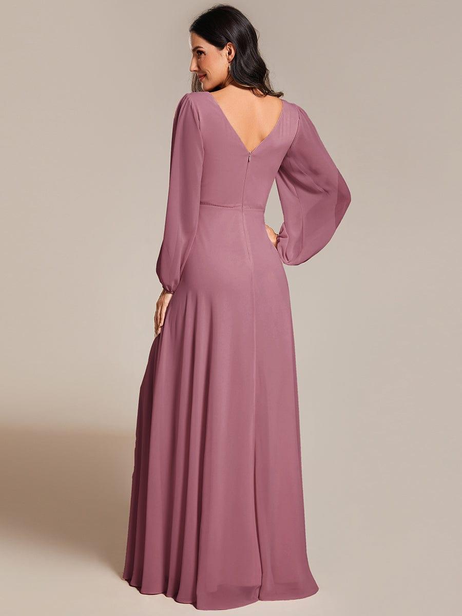 ever ESMÉE|Pleated Double V-Neck Long Sleeves Shiny Belt Chiffon Evening Dress