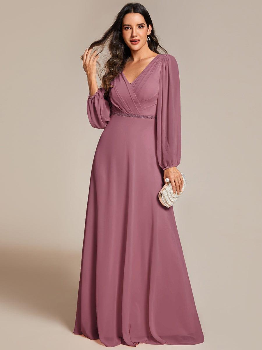 ever ESMÉE|Pleated Double V-Neck Long Sleeves Shiny Belt Chiffon Evening Dress