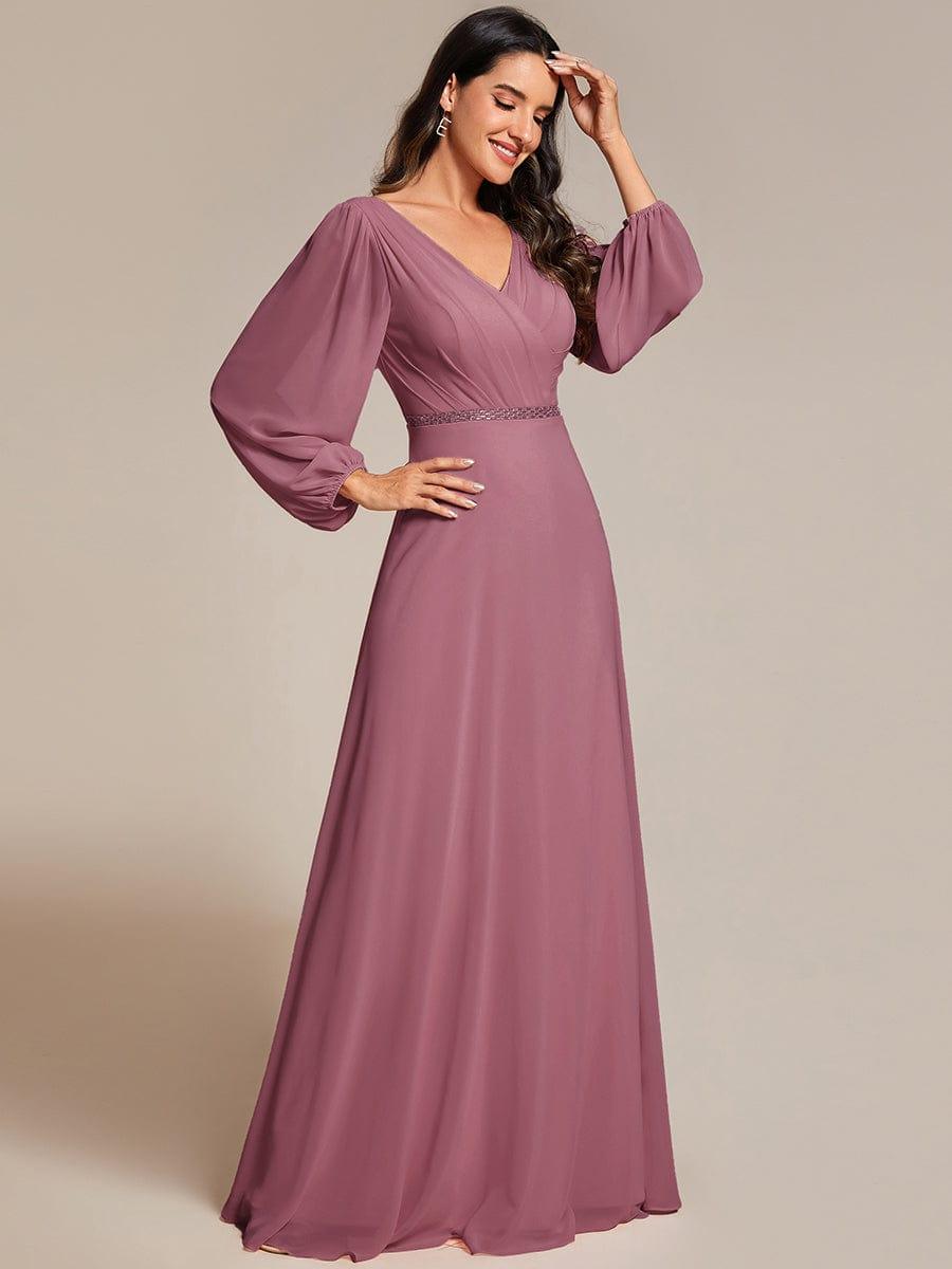 ever ESMÉE|Pleated Double V-Neck Long Sleeves Shiny Belt Chiffon Evening Dress