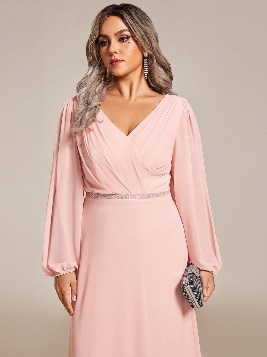 ever ESMÉE|Pleated Double V-Neck Long Sleeves Shiny Belt Chiffon Evening Dress