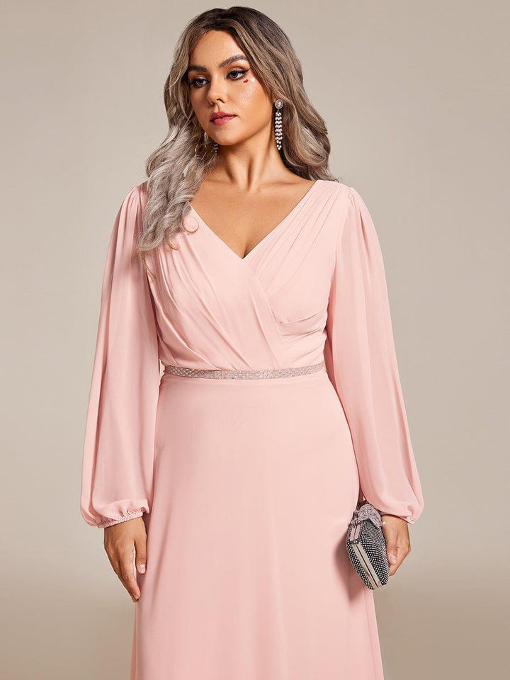 ever ESMÉE|Pleated Double V-Neck Long Sleeves Shiny Belt Chiffon Evening Dress