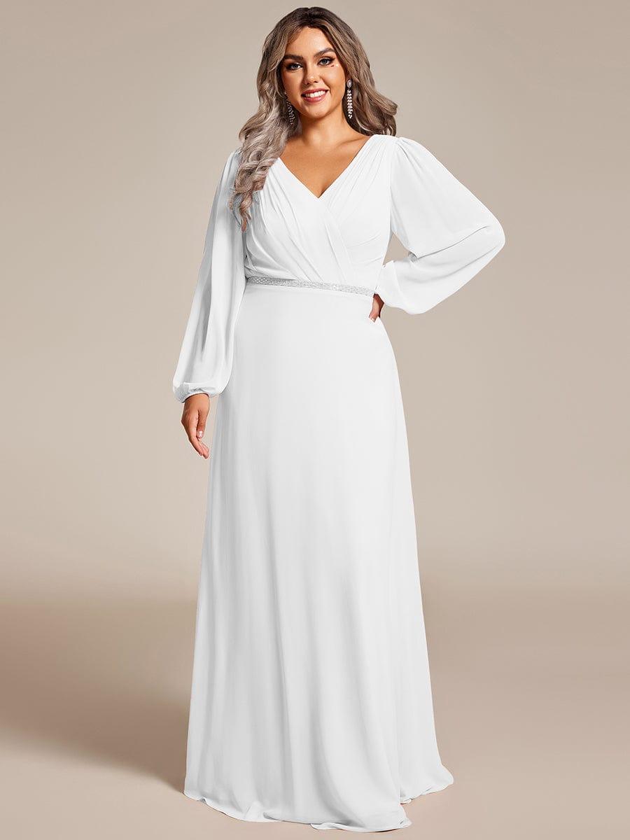 ever ESMÉE|Pleated Double V-Neck Long Sleeves Shiny Belt Chiffon Evening Dress