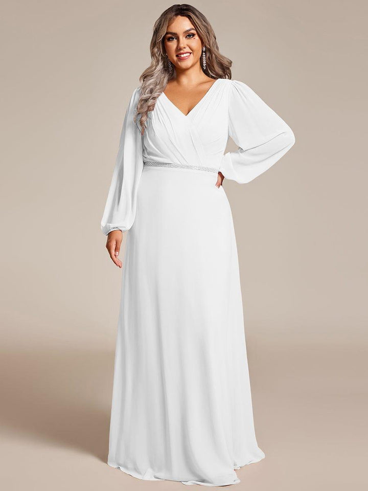 ever ESMÉE|Pleated Double V-Neck Long Sleeves Shiny Belt Chiffon Evening Dress