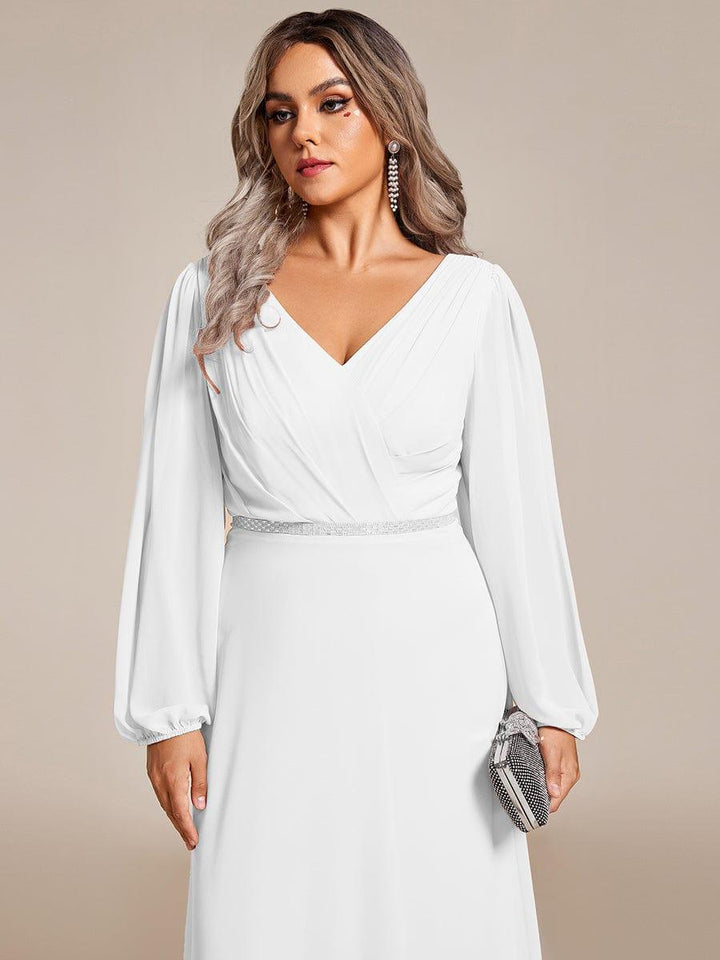 ever ESMÉE|Pleated Double V-Neck Long Sleeves Shiny Belt Chiffon Evening Dress