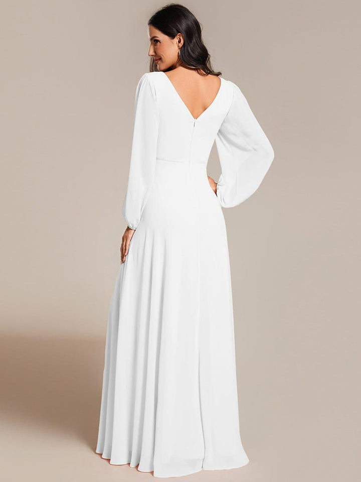 ever ESMÉE|Pleated Double V-Neck Long Sleeves Shiny Belt Chiffon Evening Dress