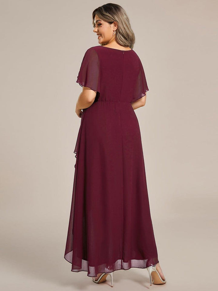 ever LILAS|Elegant Short Sleeves A-Line Waist Applique Formal Dress with Lotus Leaf Hem