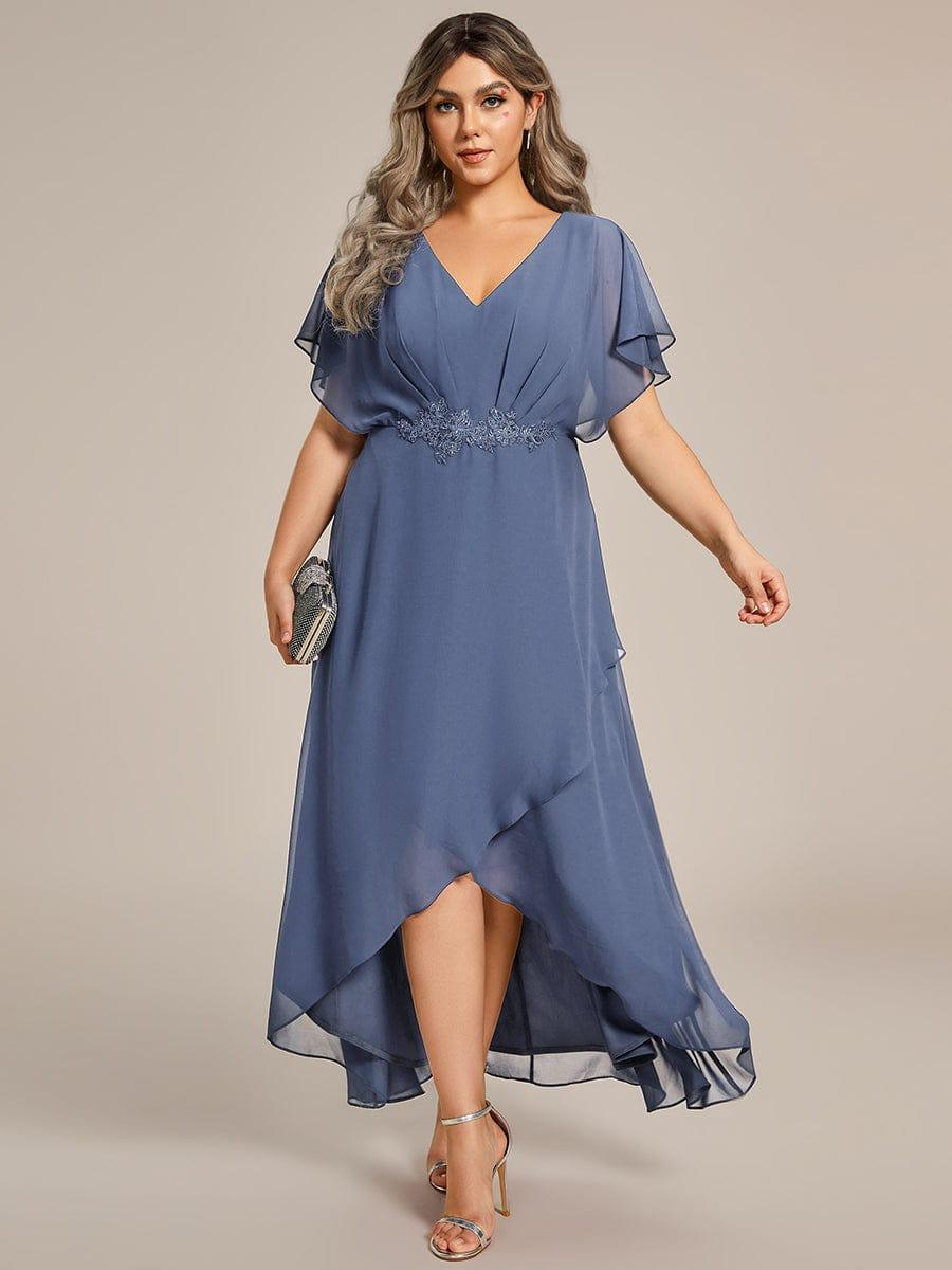 ever LILAS|Elegant Short Sleeves A-Line Waist Applique Formal Dress with Lotus Leaf Hem