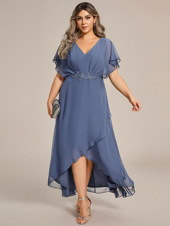 ever LILAS|Elegant Short Sleeves A-Line Waist Applique Formal Dress with Lotus Leaf Hem