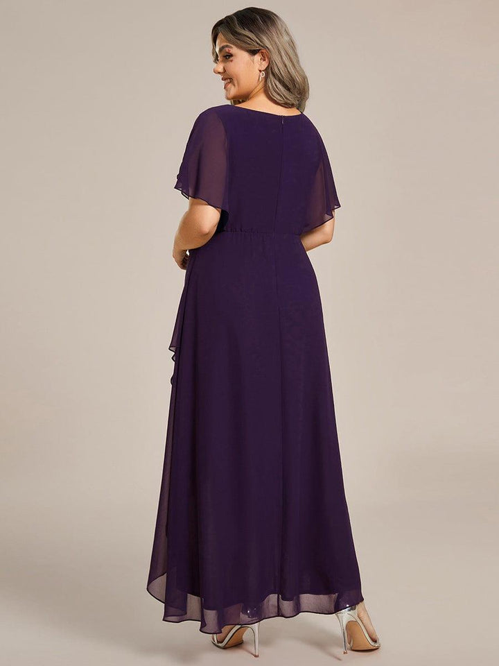 ever LILAS|Elegant Short Sleeves A-Line Waist Applique Formal Dress with Lotus Leaf Hem