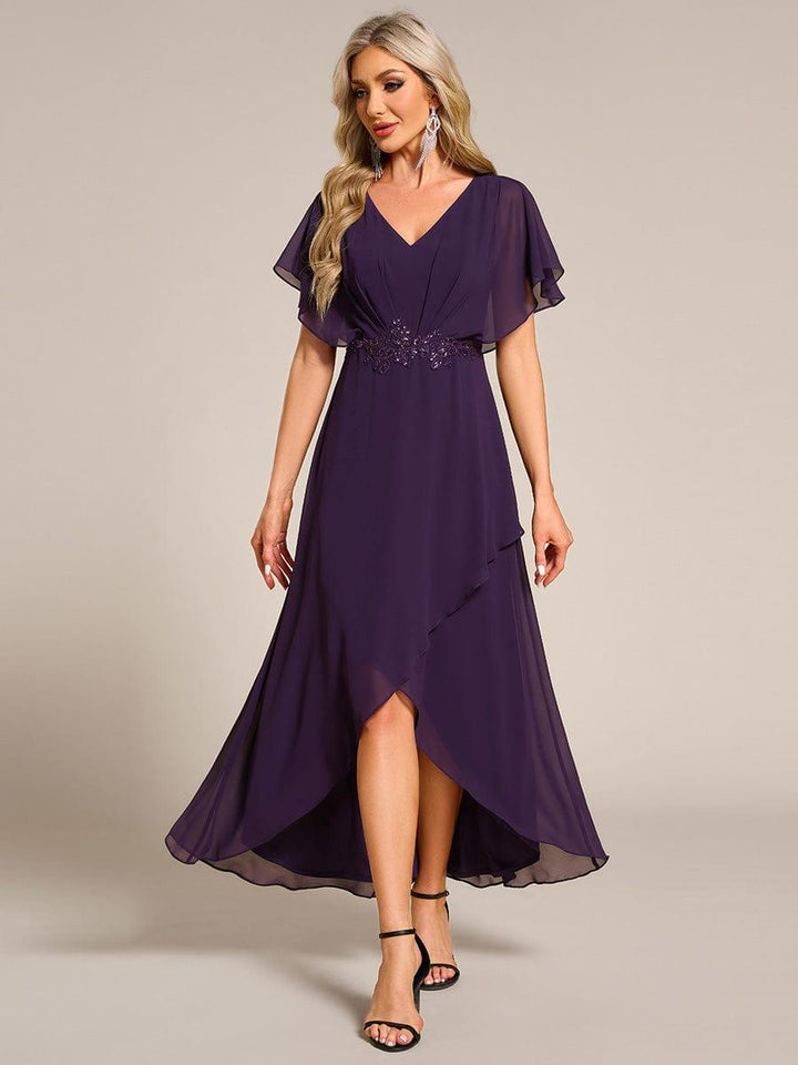 ever LILAS|Elegant Short Sleeves A-Line Waist Applique Formal Dress with Lotus Leaf Hem
