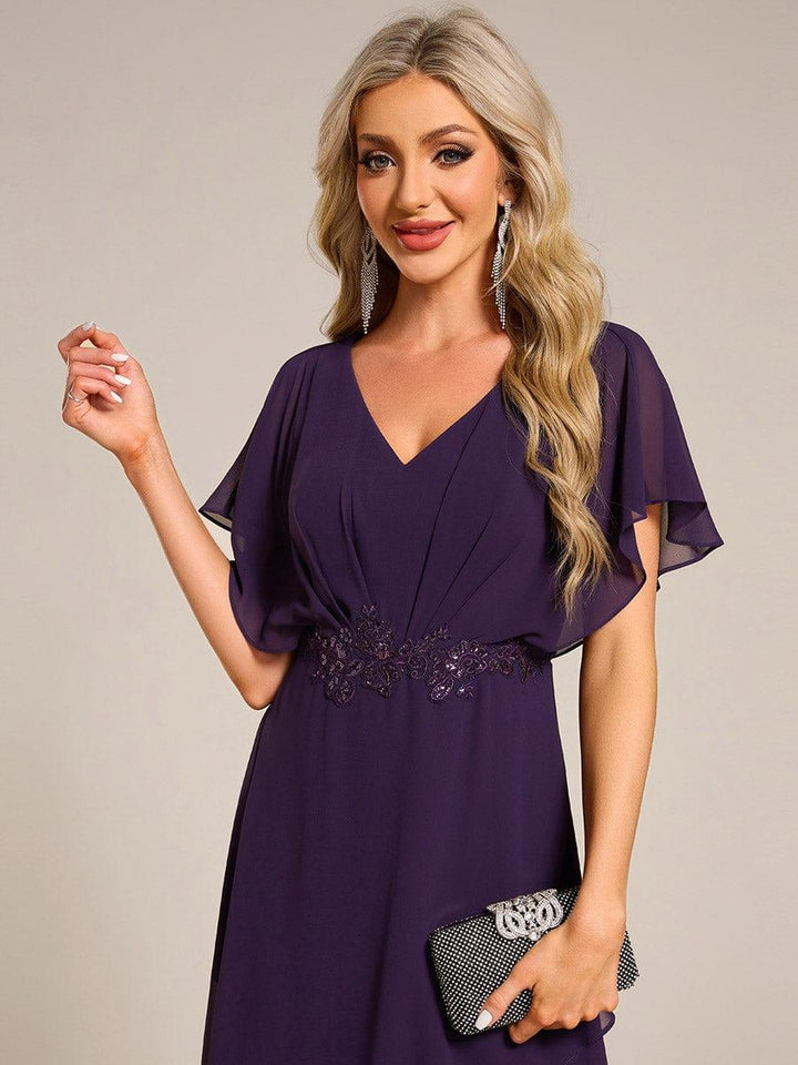 ever LILAS|Elegant Short Sleeves A-Line Waist Applique Formal Dress with Lotus Leaf Hem