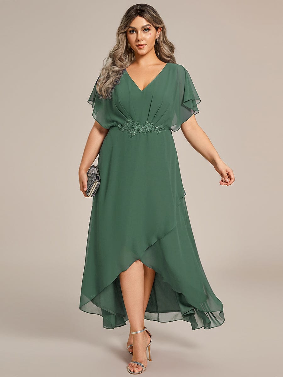 ever LILAS|Elegant Short Sleeves A-Line Waist Applique Formal Dress with Lotus Leaf Hem